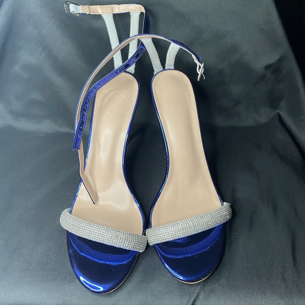 Metallic Blue Patent Rhinestone Cross Strap Stiletto Sandal Heels Sz 9 - Picture 2 of 9